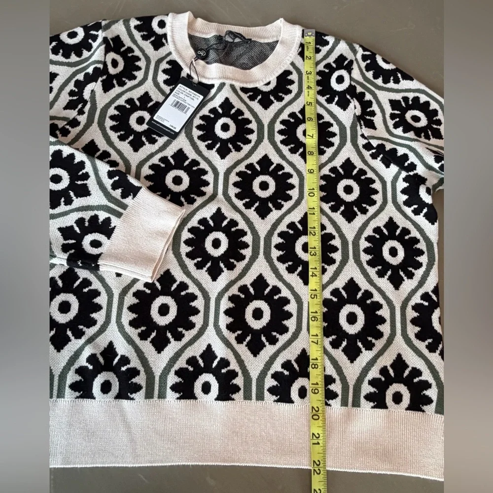 Adrianna Papell Cream Black Olive Floral Jacquard Sweater Crewneck Women L NEW - Picture 7 of 8
